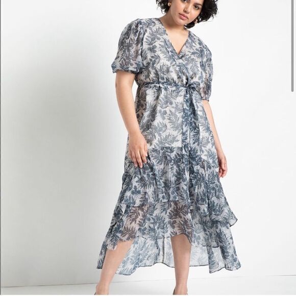 Eloquii Sheer Floral Wrap Dress Ruffled Tiered Skirt 16 Blue Cream - Picture 2 of 16